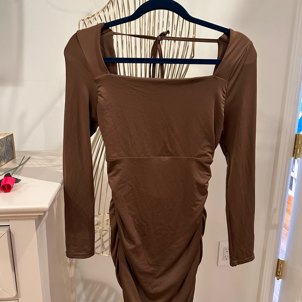 Brown Bodycon Long Sleeve Cocktail Dress